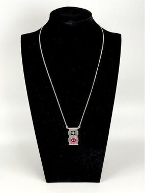 Unique Sterling Silver Modernist Brutalist Pink Glass Cabochon Pendant Necklace